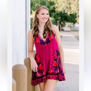 Free People Red Blue Flower Print Mini Halter Dress Size M